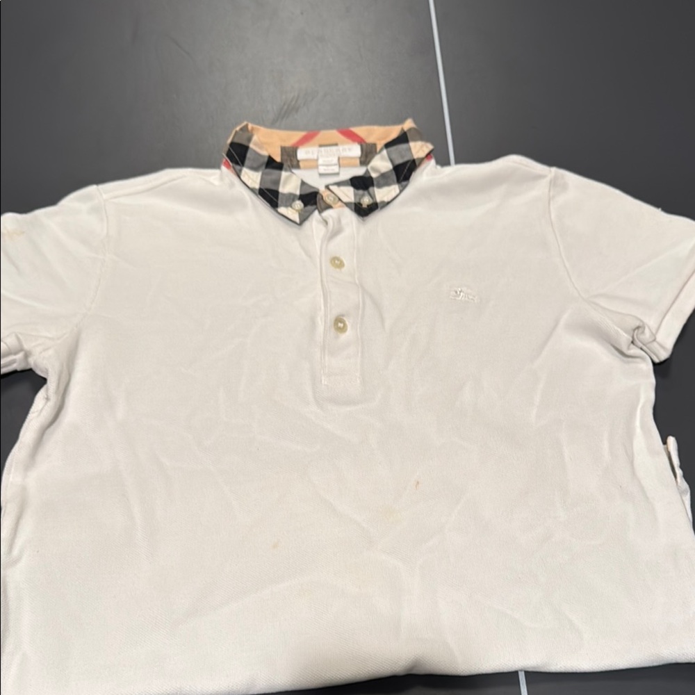 Boys Burberry White Polo with Checkered Collar